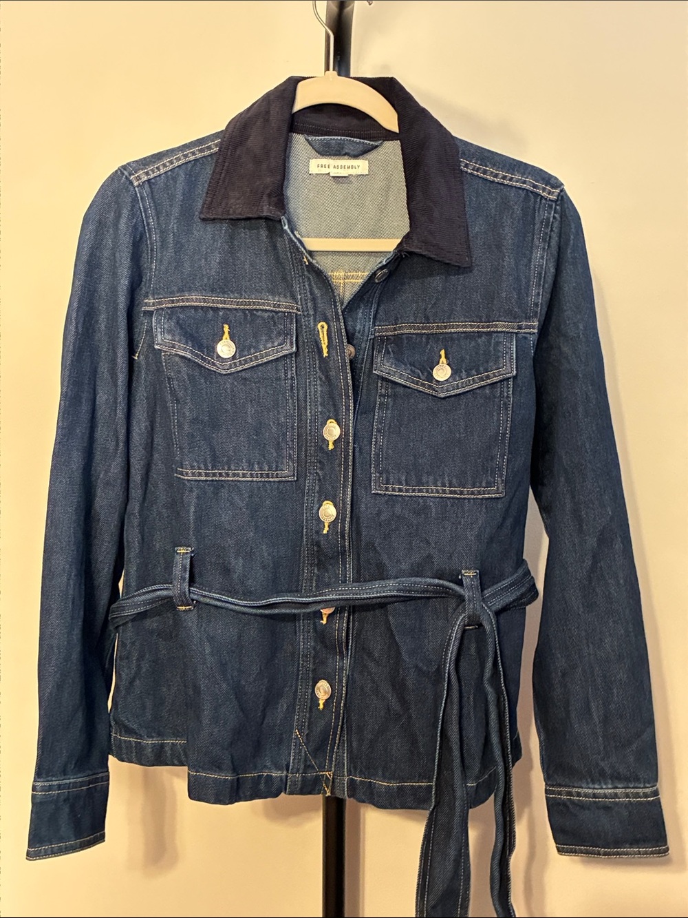 Free Assembly Indigo Blue Denim Jacket Tie Belt Corduroy Collar Cotton Size XS